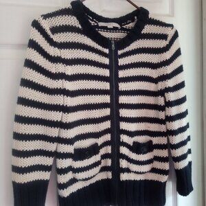Ann Taylor LOFT Sz S cardigan jacket 100% Cotton Navy White nautical stripe Zip